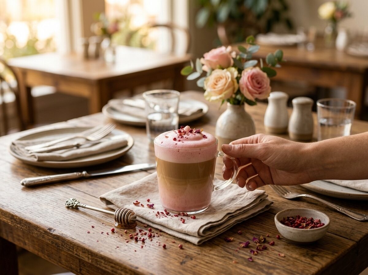Hand reaching for a pink peppercorn latte in a clear glass mug beside dried rose petals and a honey jar on linen