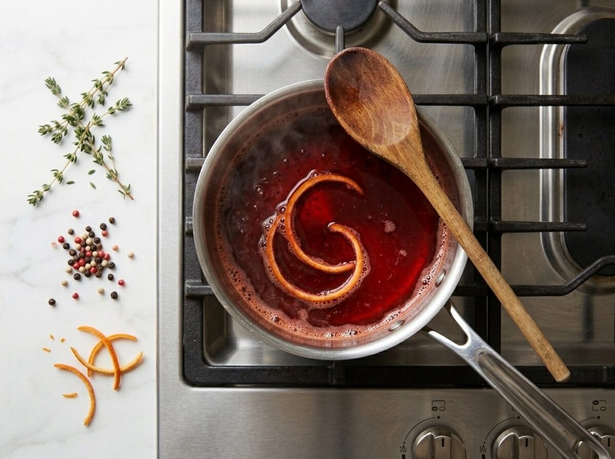 Fresh blood orange syrup simmering in a small saucepan with a zest strip, deep red color and gentle bubbles visible