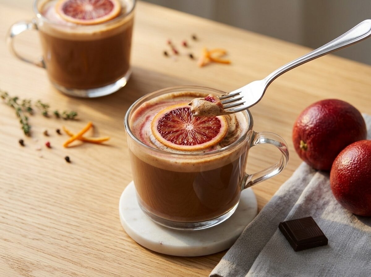 Two blood orange mochas on a wooden table with fresh blood oranges, linen napkin, and dark chocolate in warm morning light