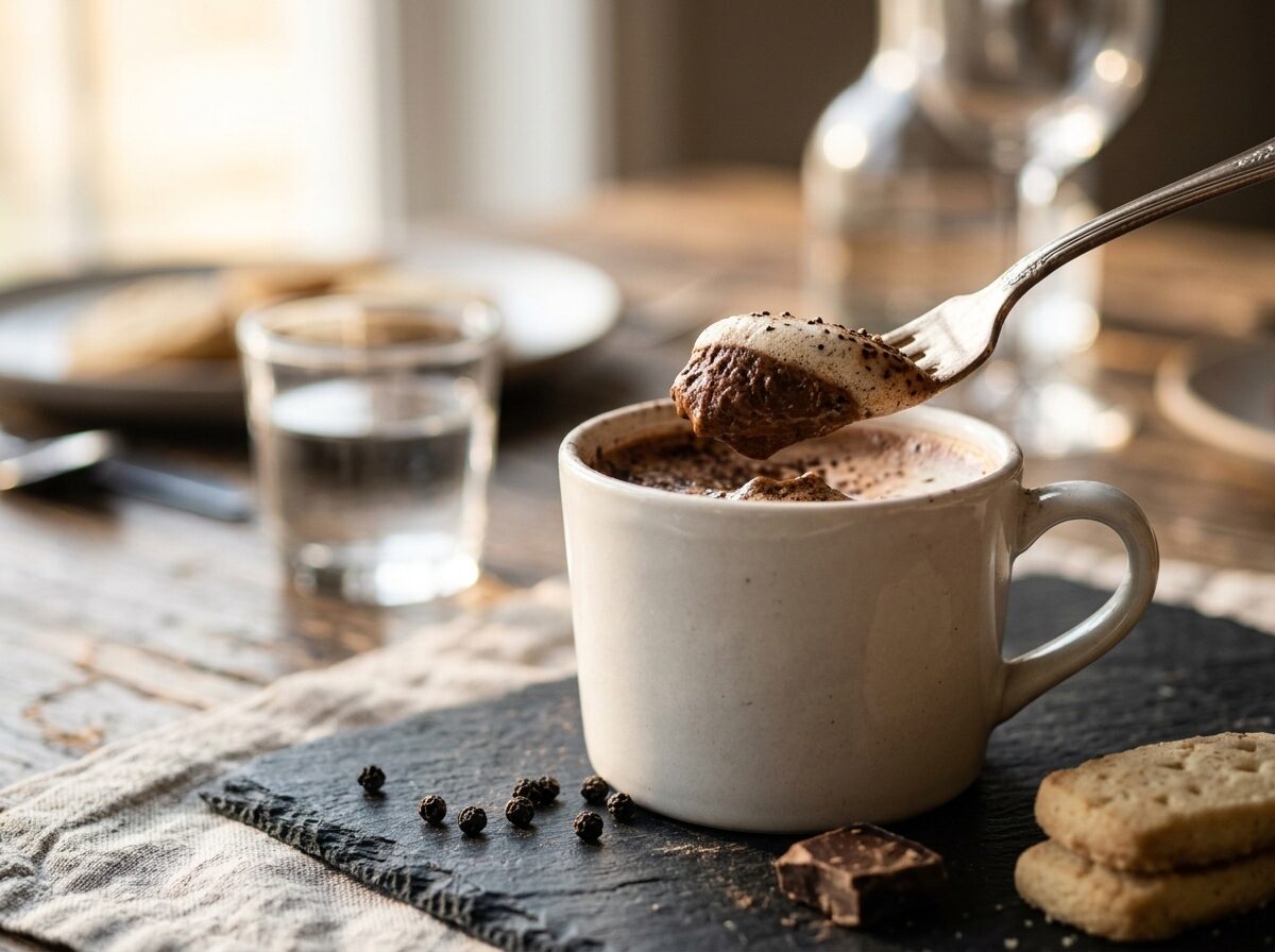 Black Pepper Mocha mug on a linen napkin with shortbread cookies, dark chocolate, and peppercorns on a wooden table