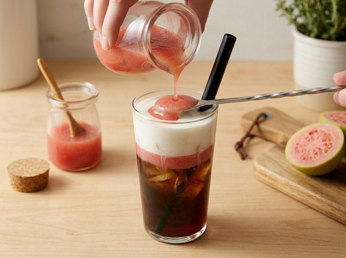 Pink guava syrup poured over a bar spoon to create cream foam layer on cold brew coffee over ice