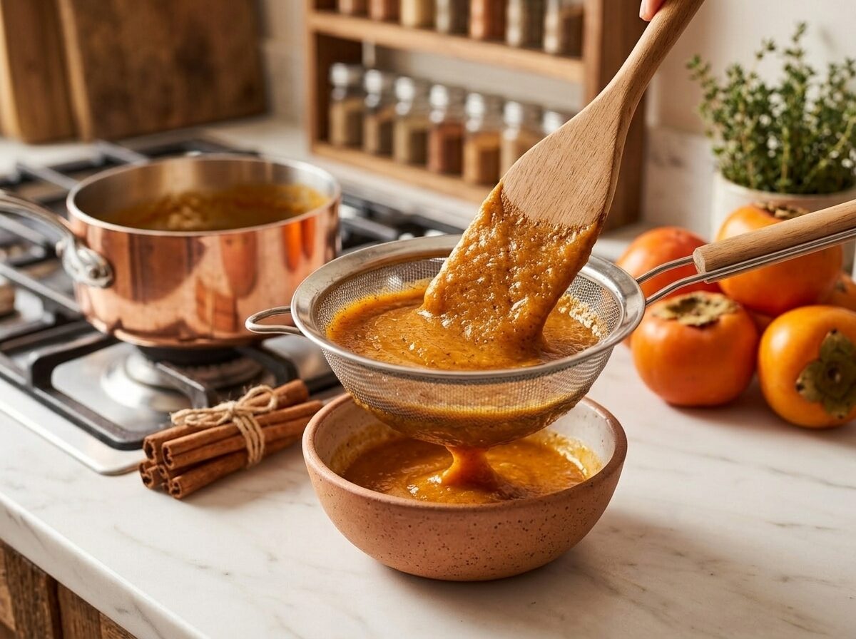 Thick orange persimmon spice puree pressed through a fine-mesh sieve into a ceramic bowl on marble surface