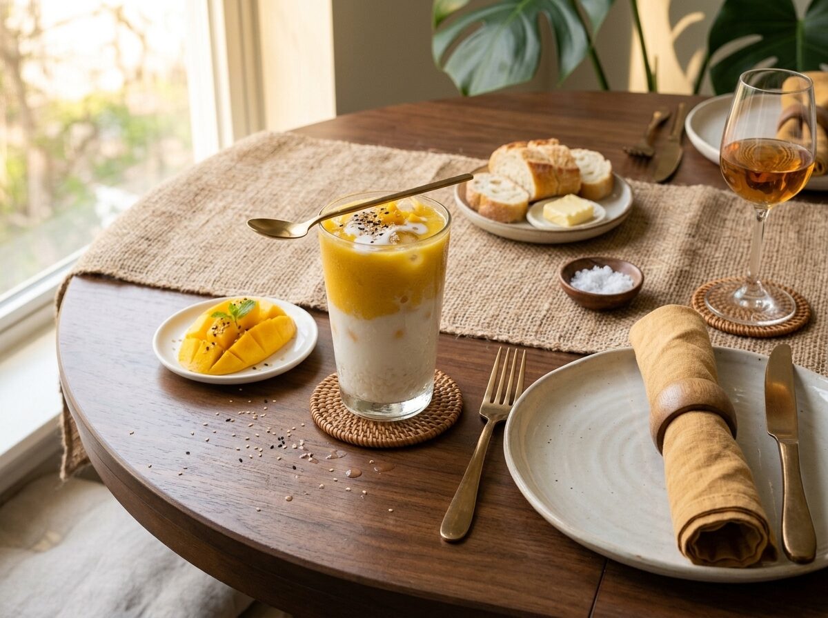 Single glass of mango sticky rice latte on rattan coaster with fresh Ataulfo mango slices beside it