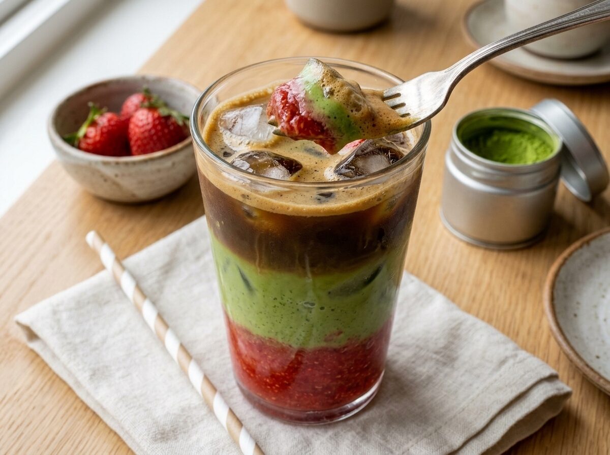 Strawberry matcha espresso in a clear glass with a striped straw, fresh strawberries, and matcha powder on an oak table