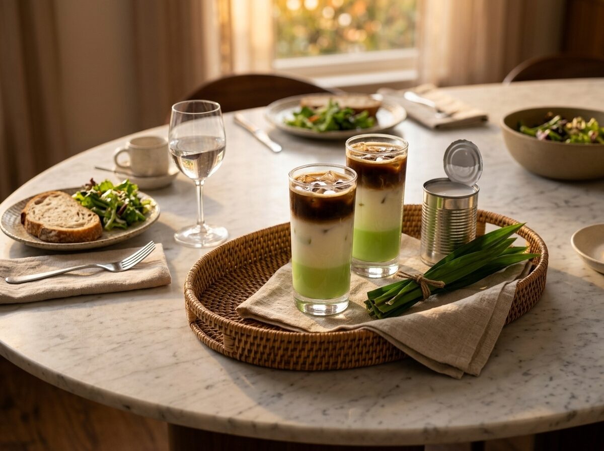 Two iced pandan coconut lattes on a rattan tray with fresh pandan leaves and coconut milk can