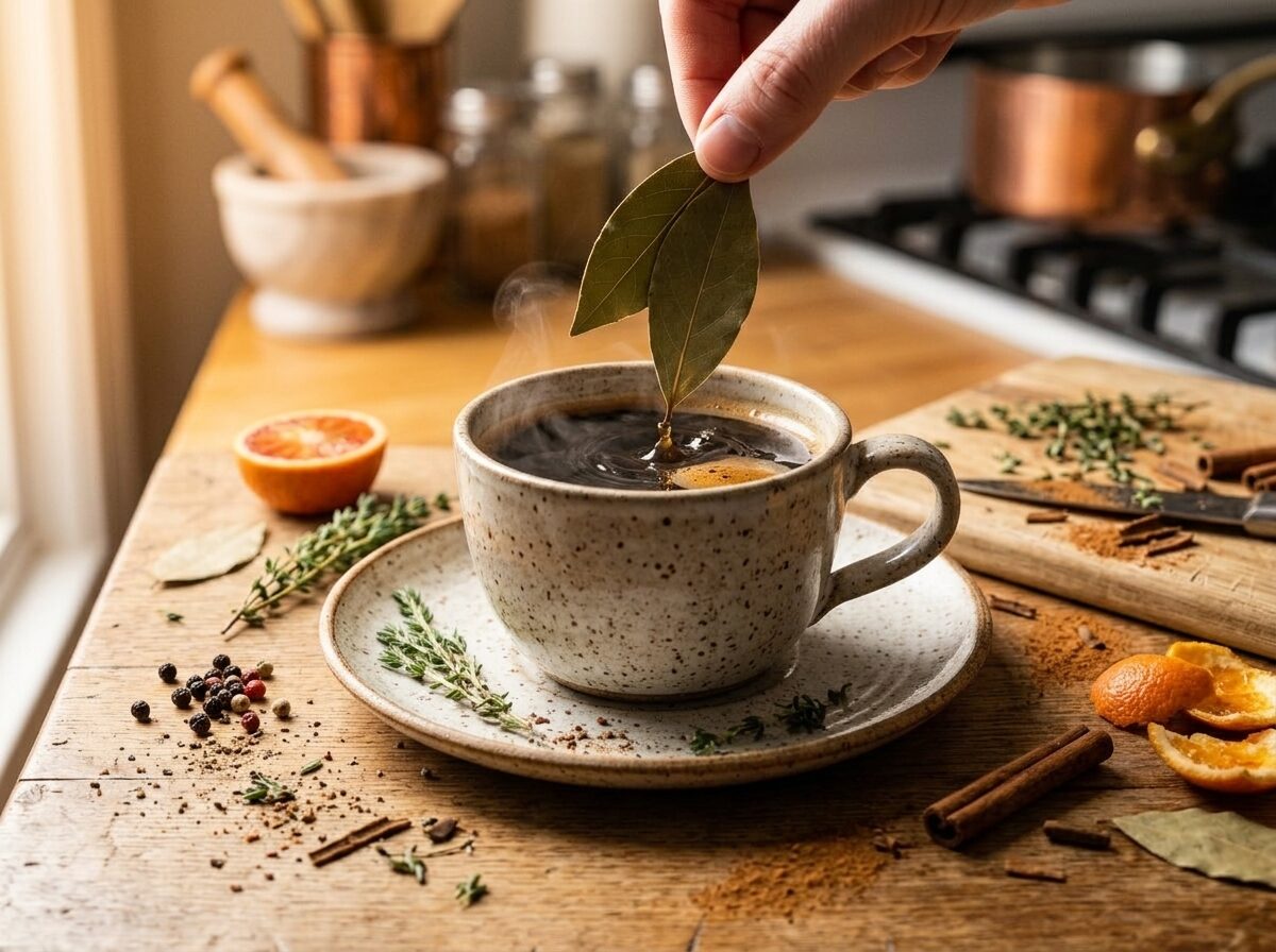 Whole dried bay leaves being dropped into a steaming mug of hot dark roast coffee for infusion