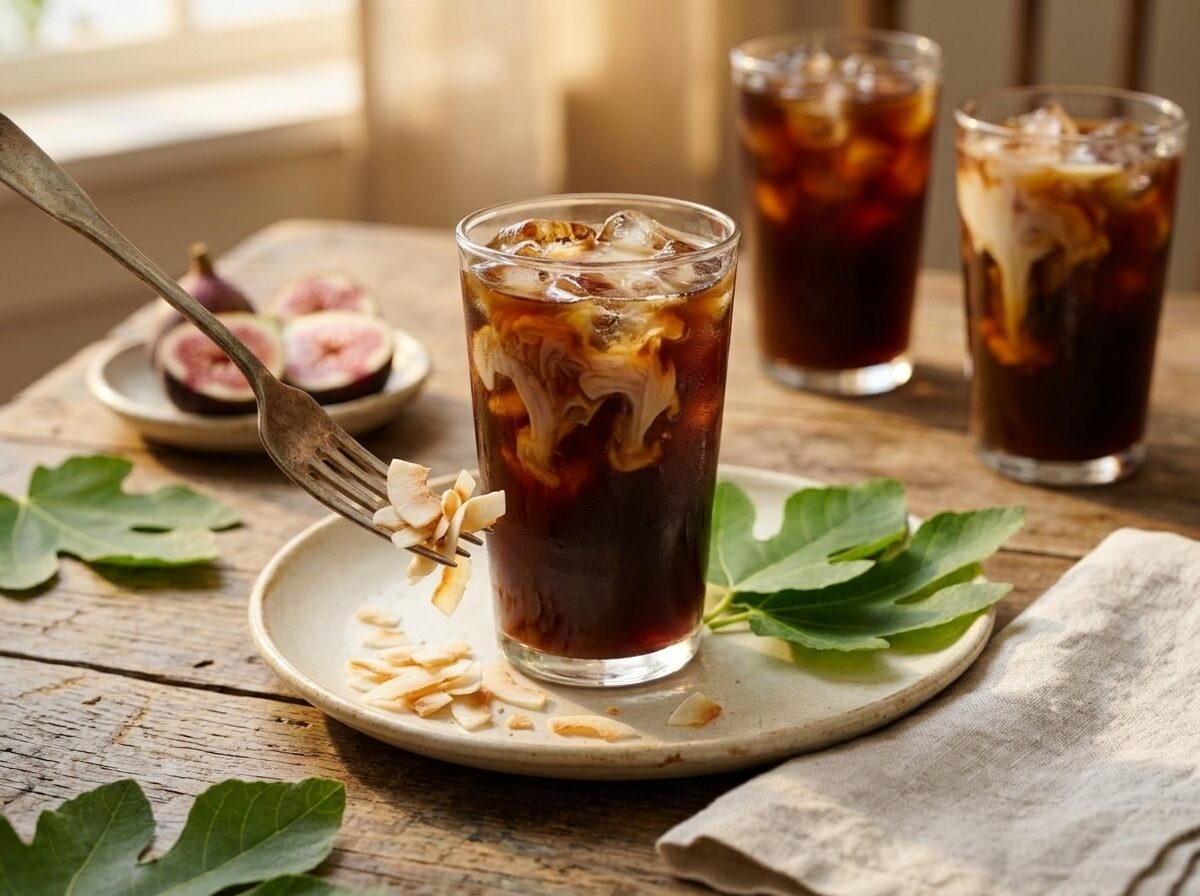 Two glasses of fig leaf cold brew with coconut milk alongside halved fresh figs on a wooden table in warm light