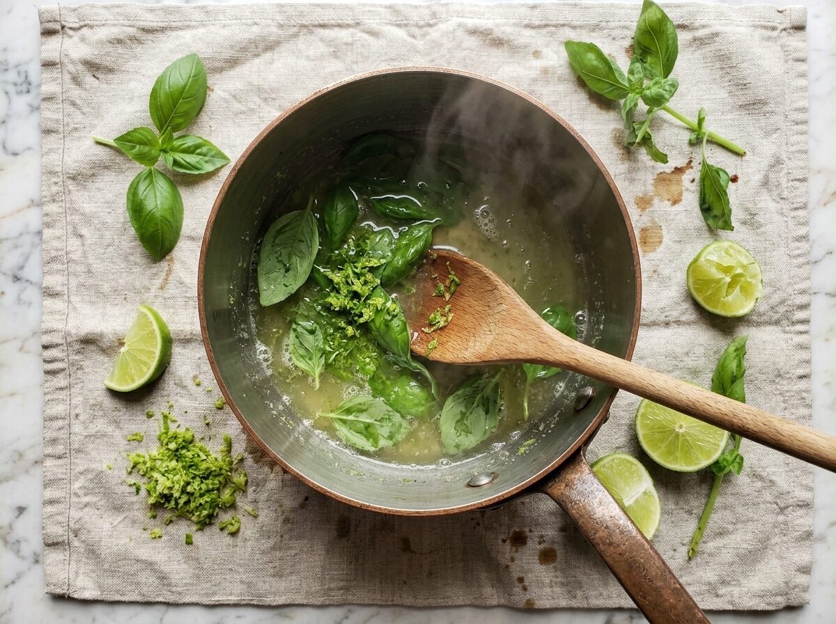 Fresh basil leaves and lime zest stirred into pale green simple syrup in a small saucepan on marble counter