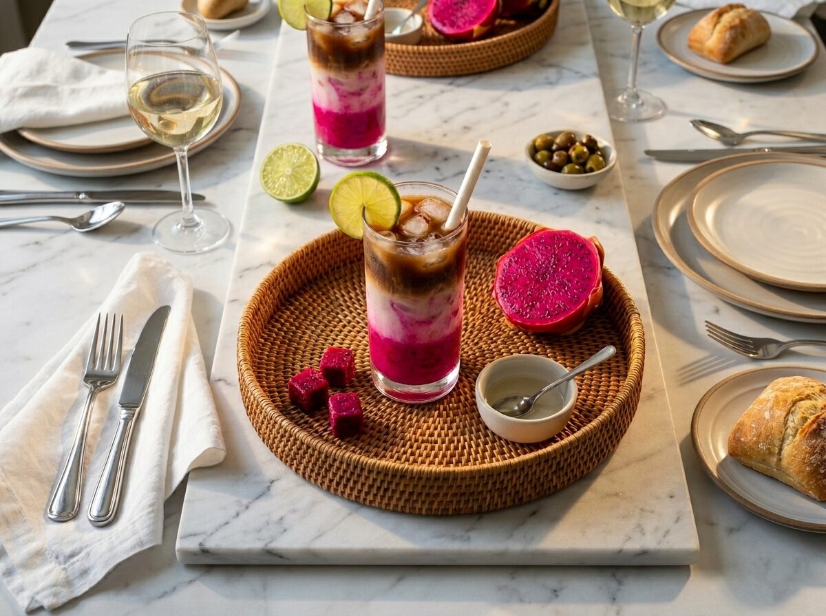 Single glass of layered pink dragon fruit iced coffee on a rattan tray beside a halved fresh pitaya fruit