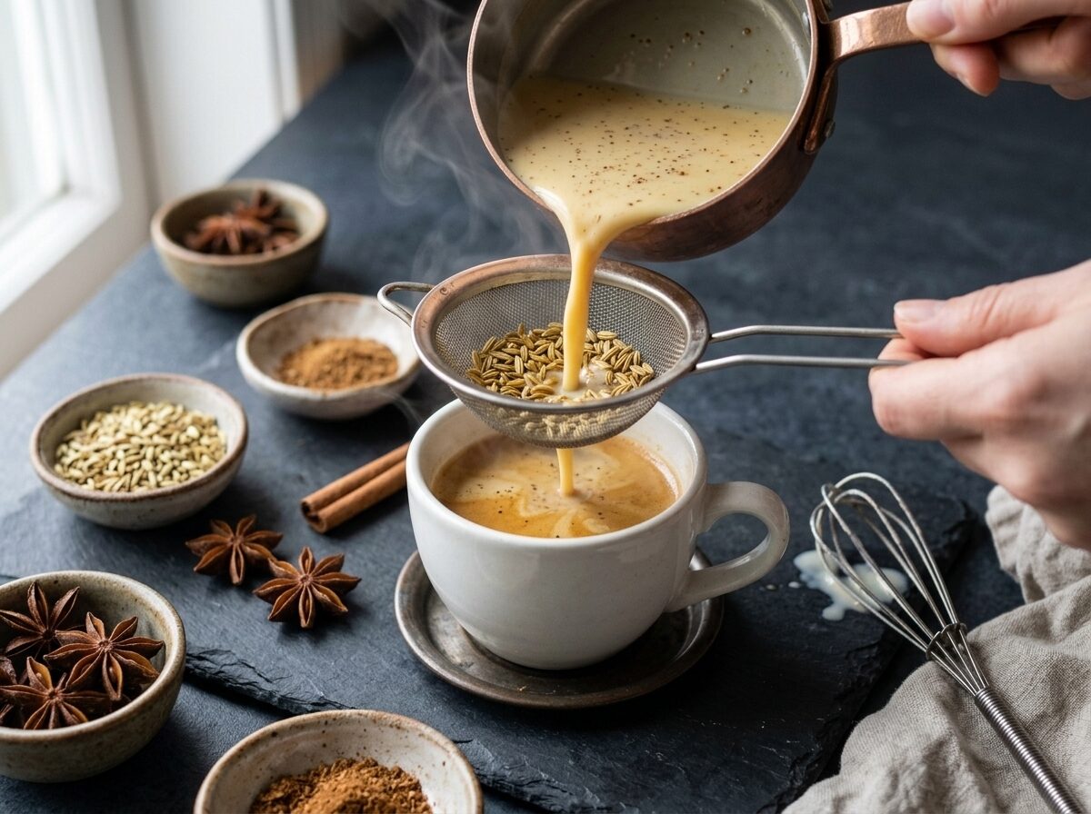 Spiced milk strained through a fine-mesh sieve into a cup of espresso, fennel seeds visible in the sieve