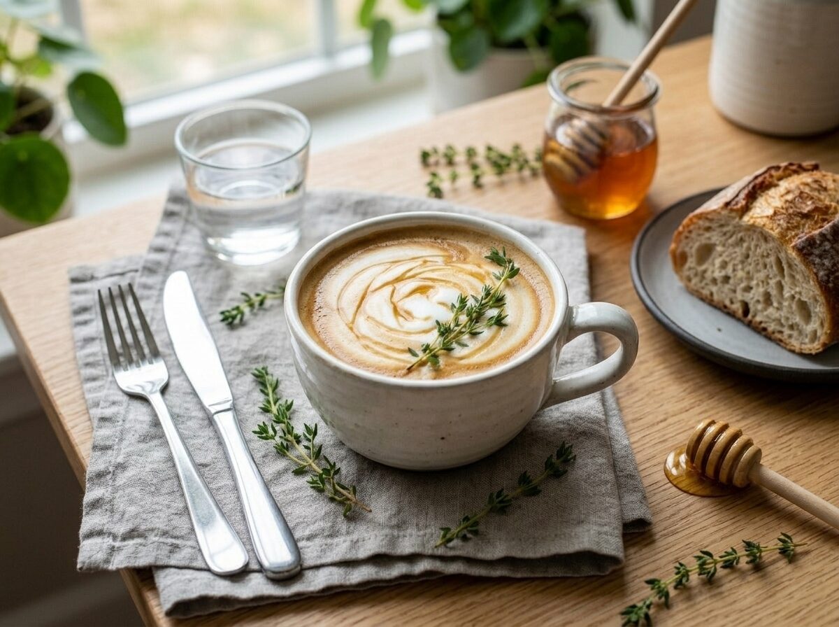 Thyme honey latte in a tall glass on a linen napkin with a honey dipper and scattered fresh thyme sprigs