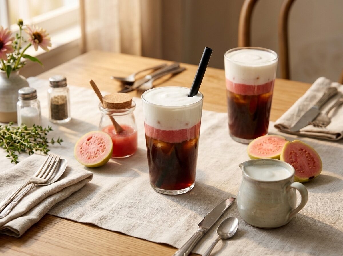Two glasses of guava cream cold brew with sweet cream foam and fresh guava halves on a linen table in morning light