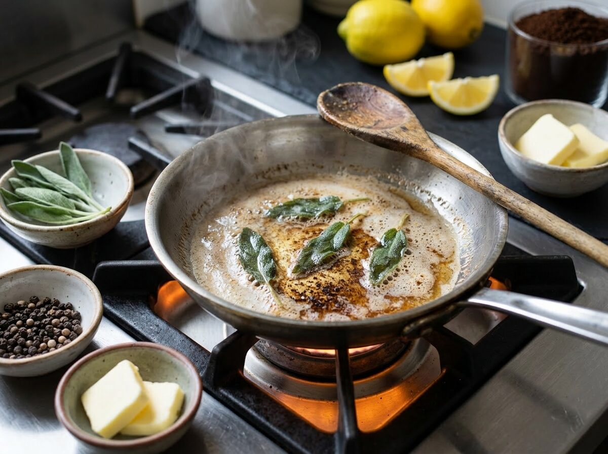 Fresh sage leaves sizzling in foaming brown butter in a stainless steel skillet over a gas burner