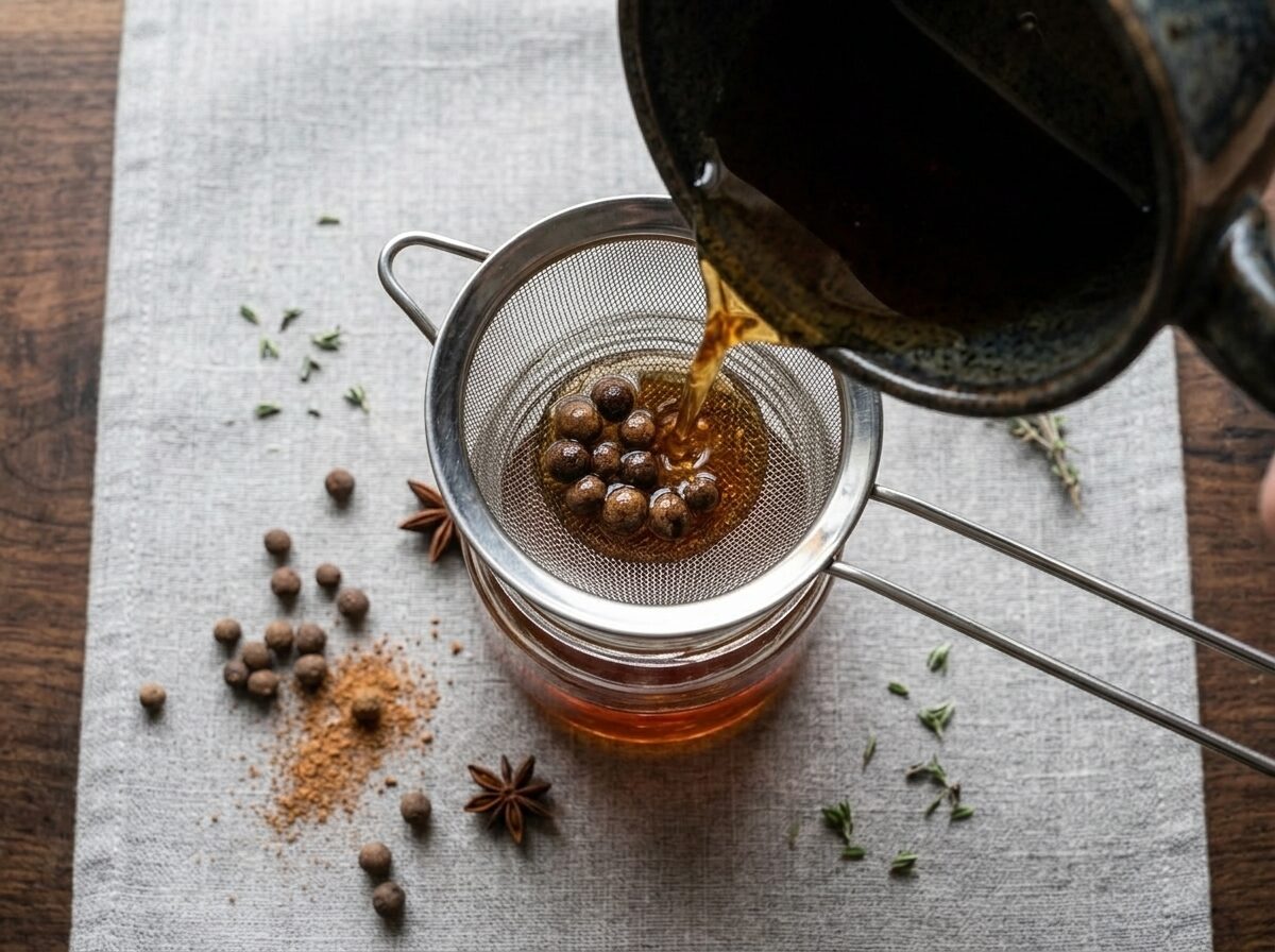 Allspice maple syrup being strained through a fine-mesh sieve into a glass jar, amber syrup mid-pour with berries visible