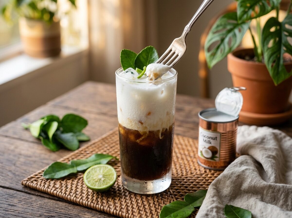 Single glass of kaffir lime iced coffee with coconut milk and a floating lime leaf on a rattan placemat