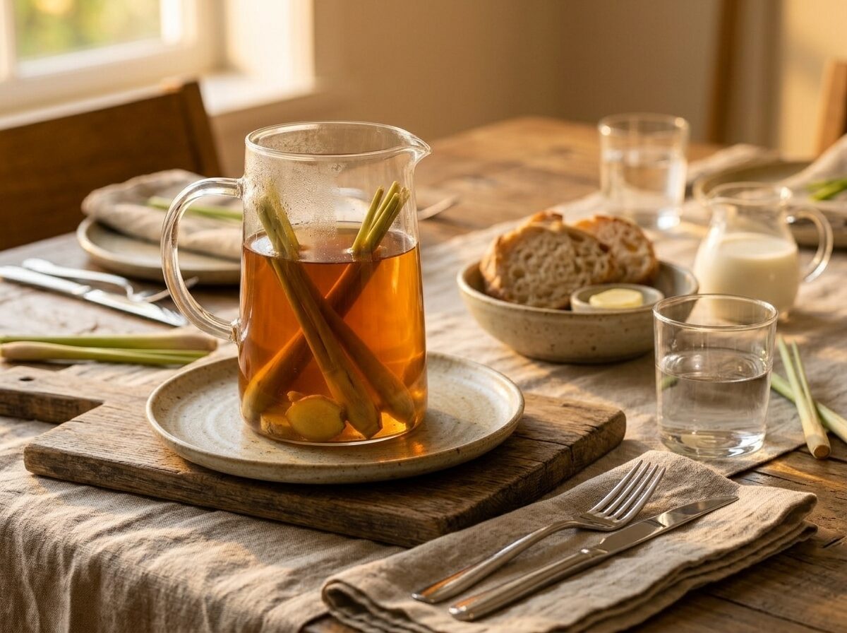 Tall glass of lemongrass ginger cold brew over ice on a linen napkin with a small pitcher of milk nearby