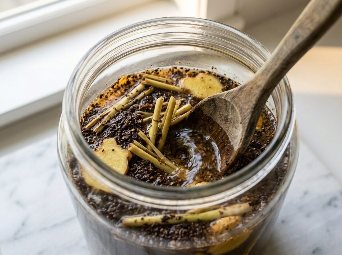 Coarse coffee grounds, smashed lemongrass, and sliced ginger being stirred into cold water in a glass jar for cold brew