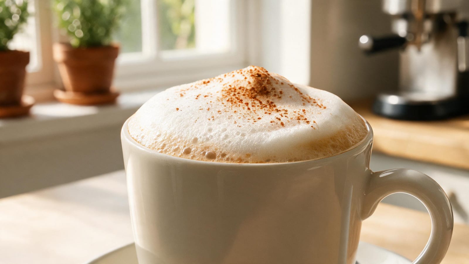 Wiener Melange Coffee with cinnamon-dusted foam in a white mug by a sunny window