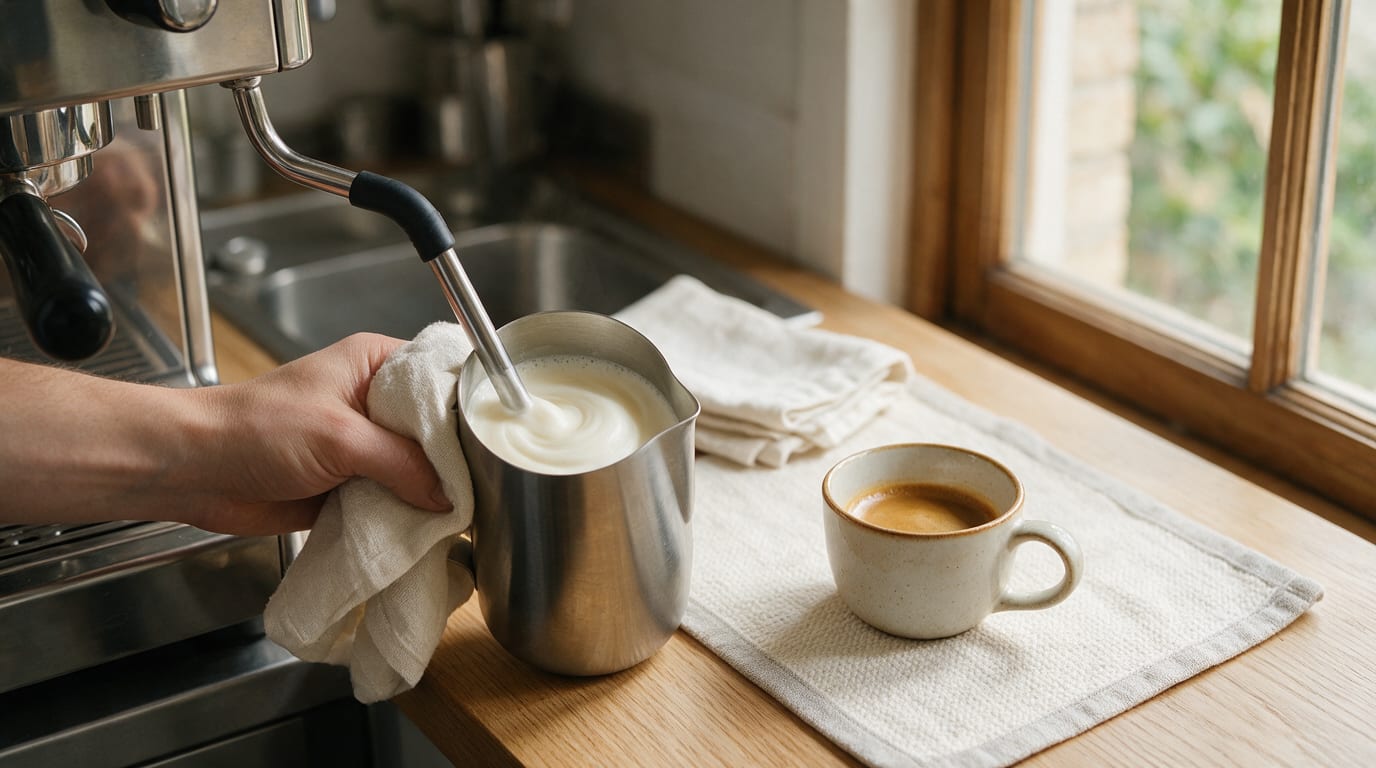 Wiener Melange Coffee being prepared with steamed milk in a sunlit kitchen