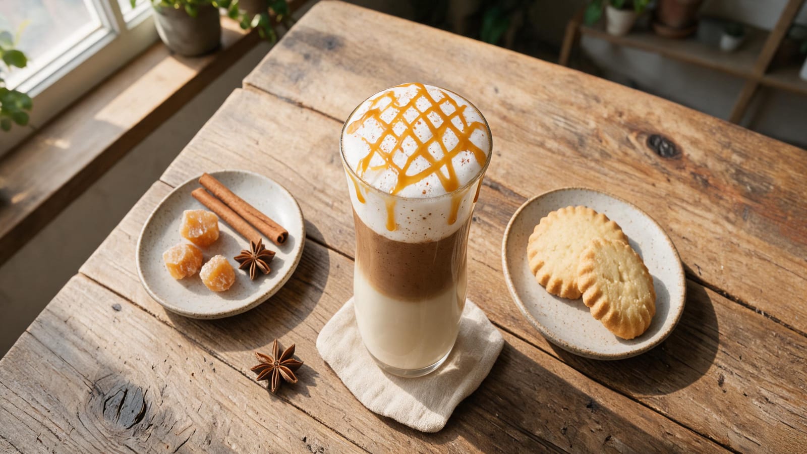 Top-down view of caramel macchiato chai revealing layered milk, espresso, and chai structure