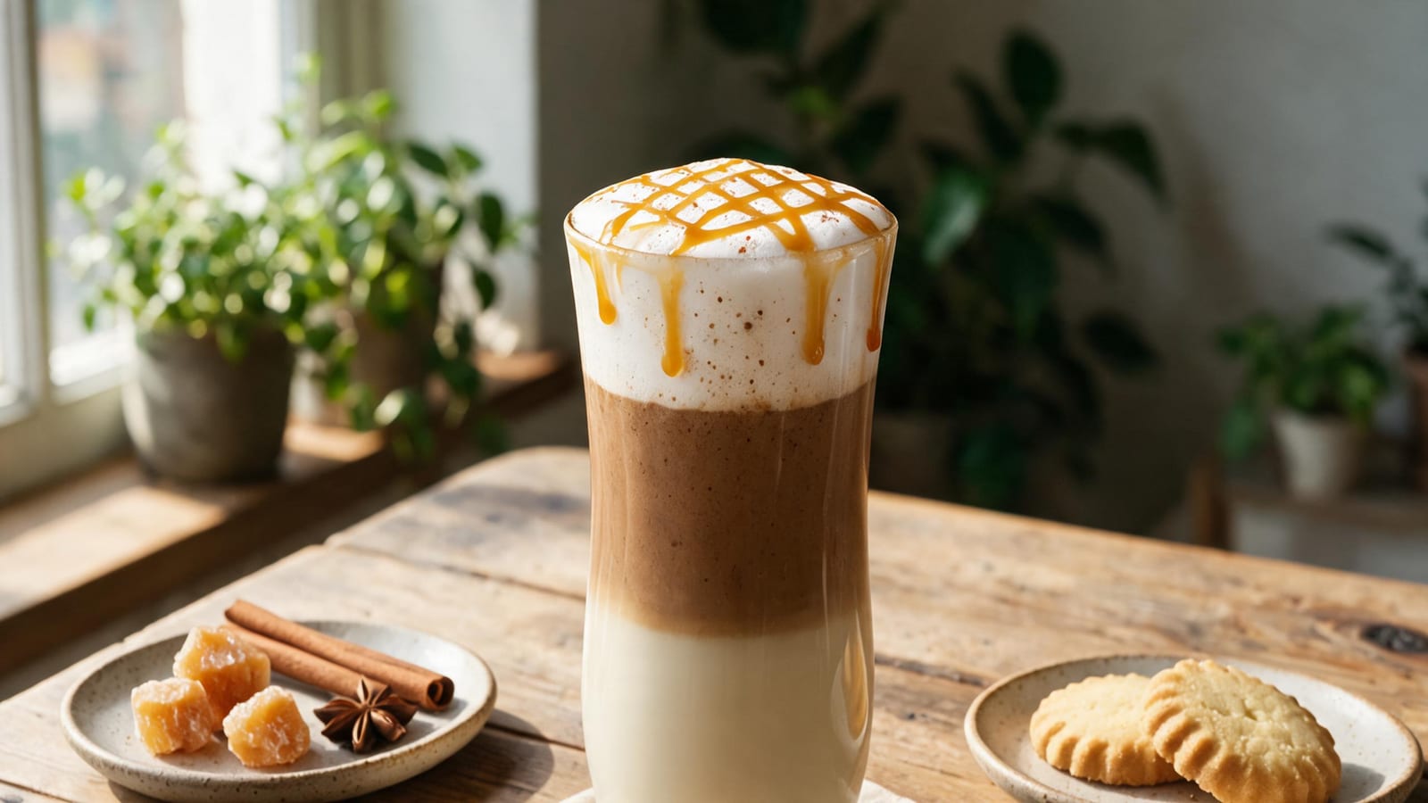 Macro close-up of caramel macchiato chai showing caramel streaks and creamy milk foam detail