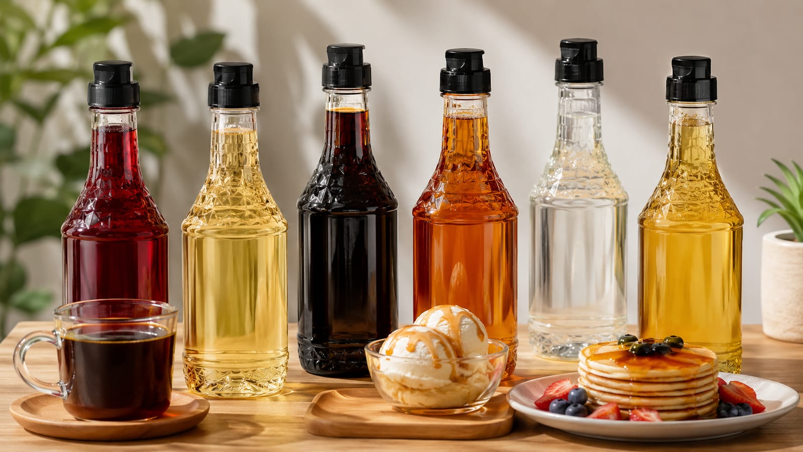 Six bottles of Best Sugar Free Coffee Syrup for Healthier Lattes displayed on wooden table with coffee and pancakes