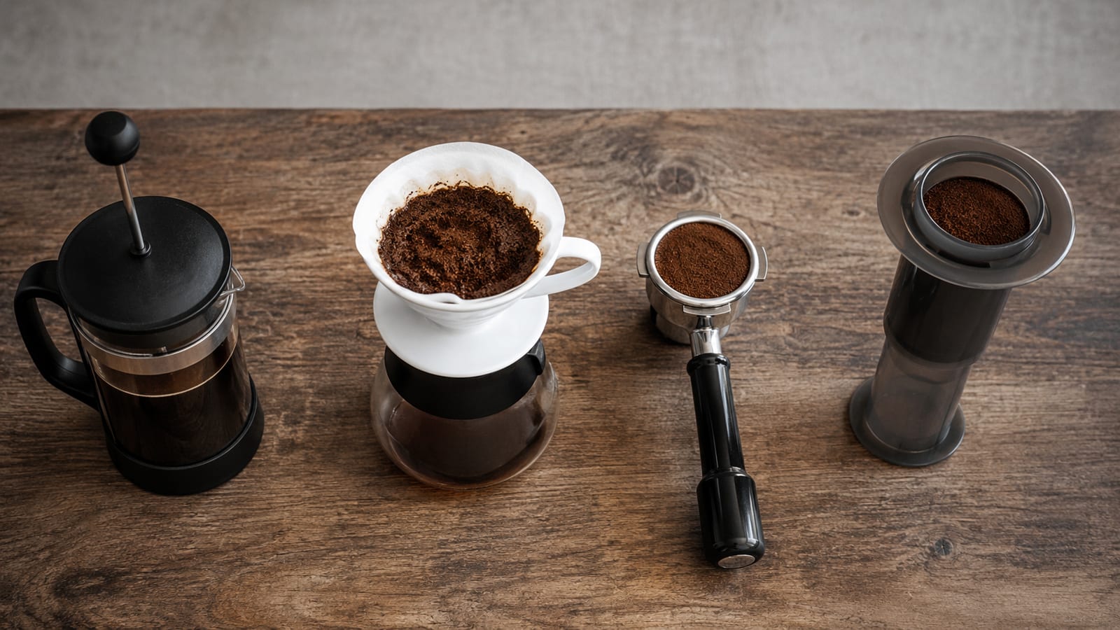 How much caffeine is in a cup of coffee displayed across four brewing methods on a wooden table