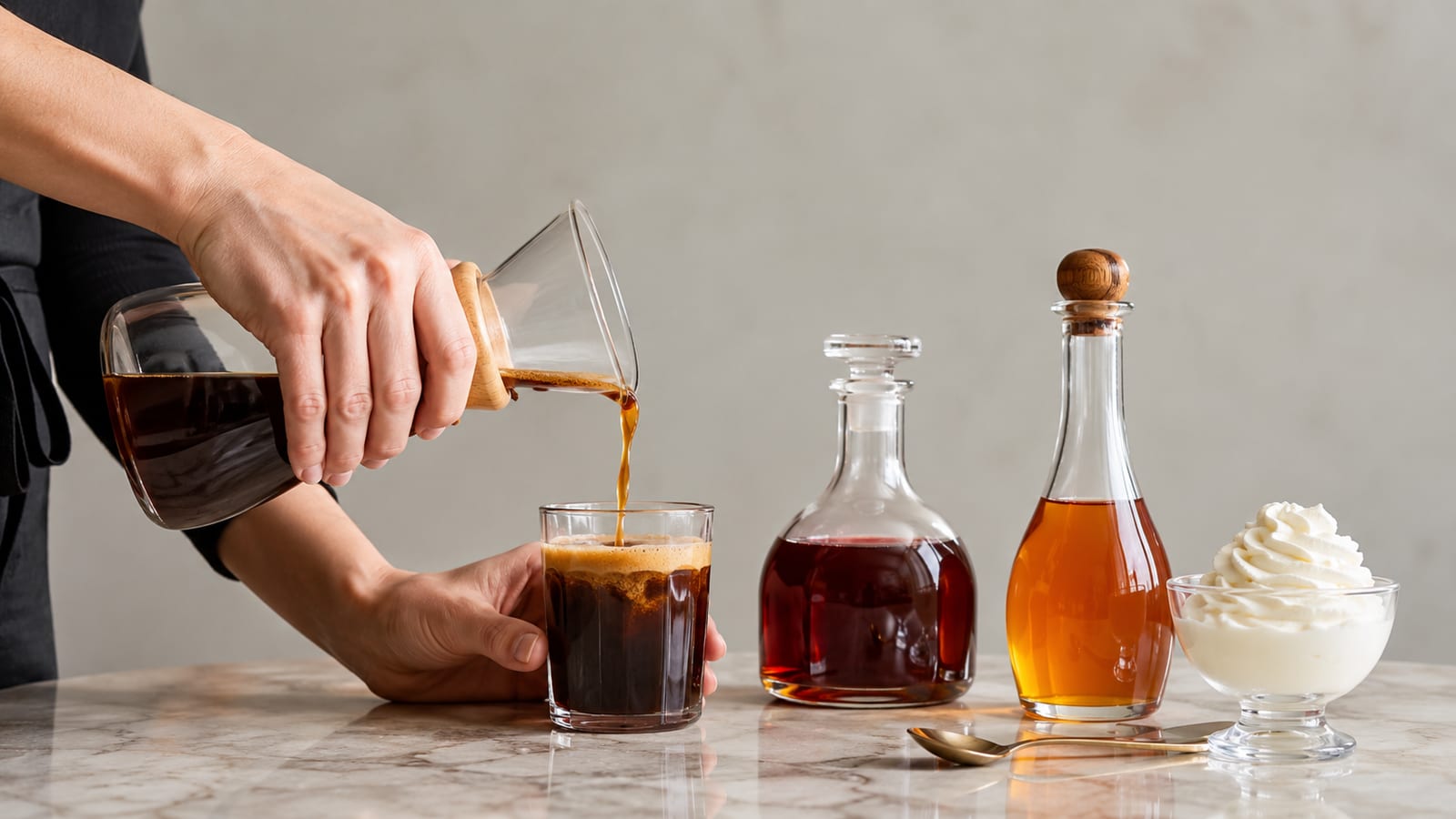 Hands pour freshly brewed coffee into a heatproof glass beside plain spirit and liqueur bottles