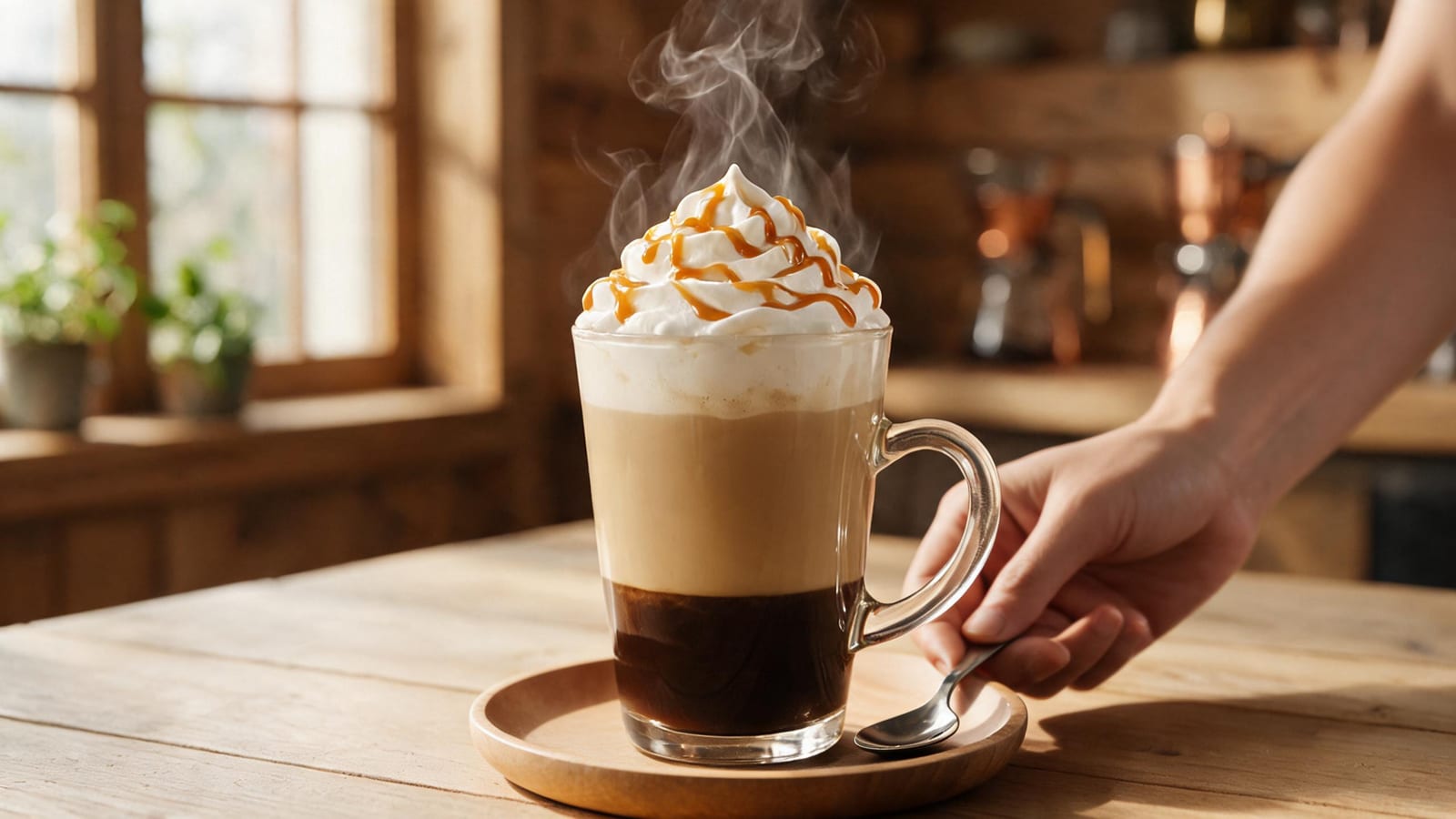Steaming Toffee Nut Latte in a glass mug topped with whipped cream and caramel drizzle