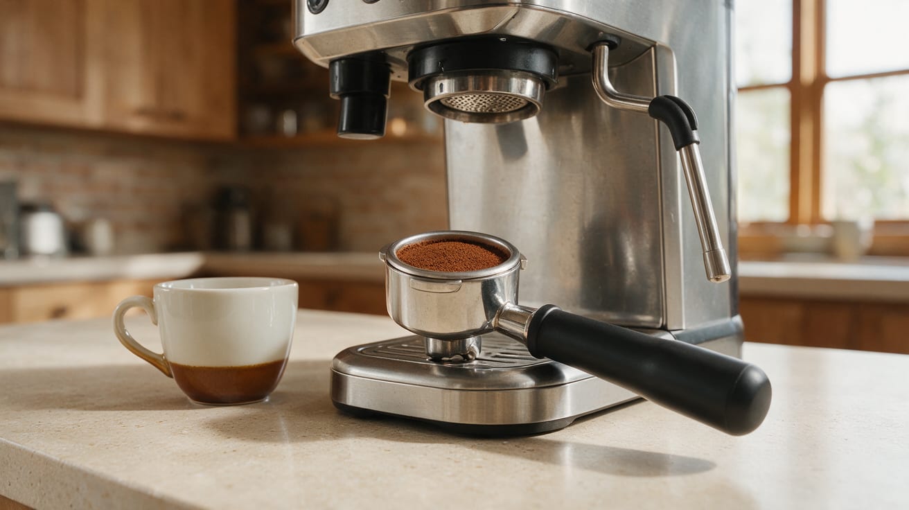 Toffee Nut Latte in a white ceramic cup beside a stainless steel espresso machine