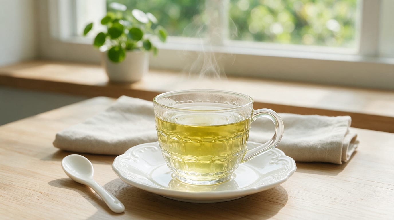Lemon Basil Green Tea in a steaming glass cup on a white saucer beside a spoon