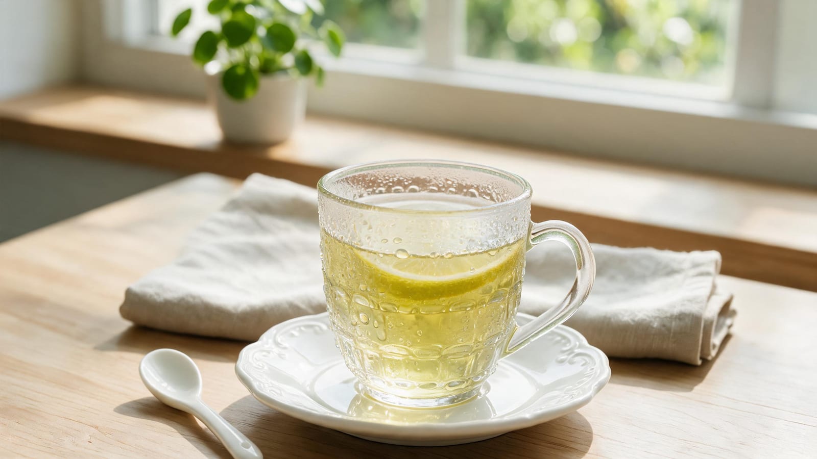 Lemon Basil Green Tea in a glass cup with lemon slice on a saucer beside spoon