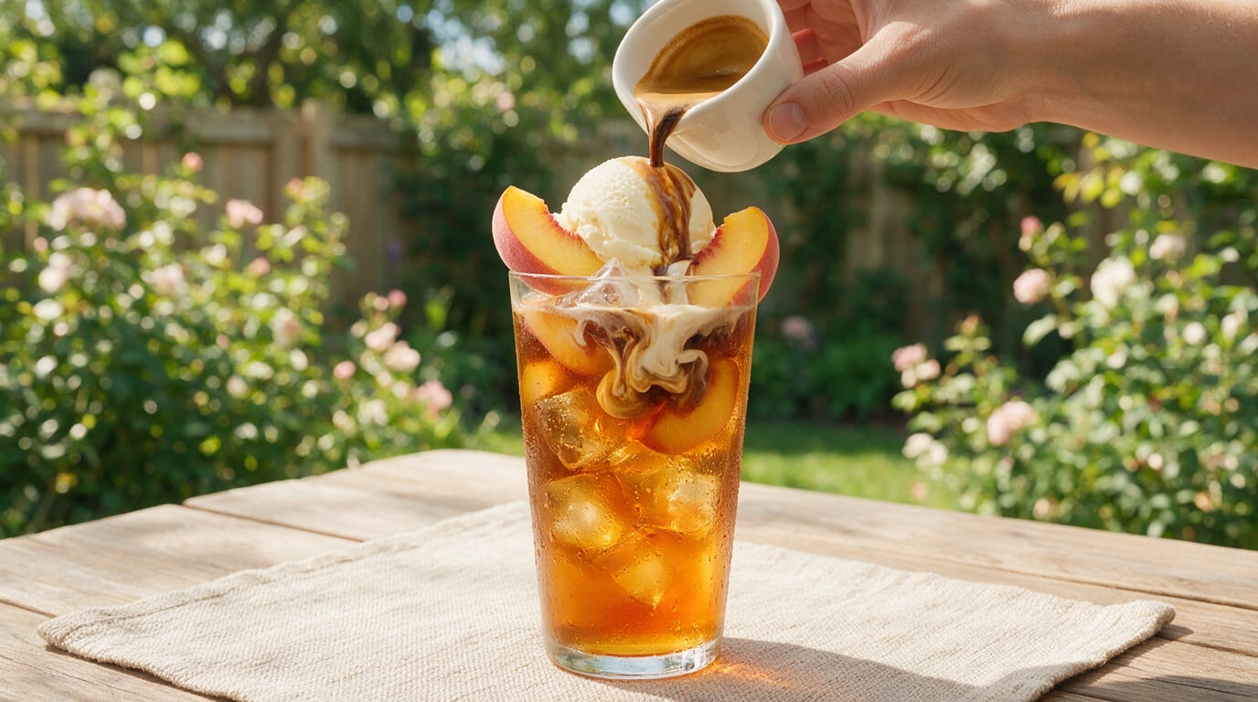 Peach Iced Tea Affogato in a tall glass topped with vanilla ice cream and peach slices