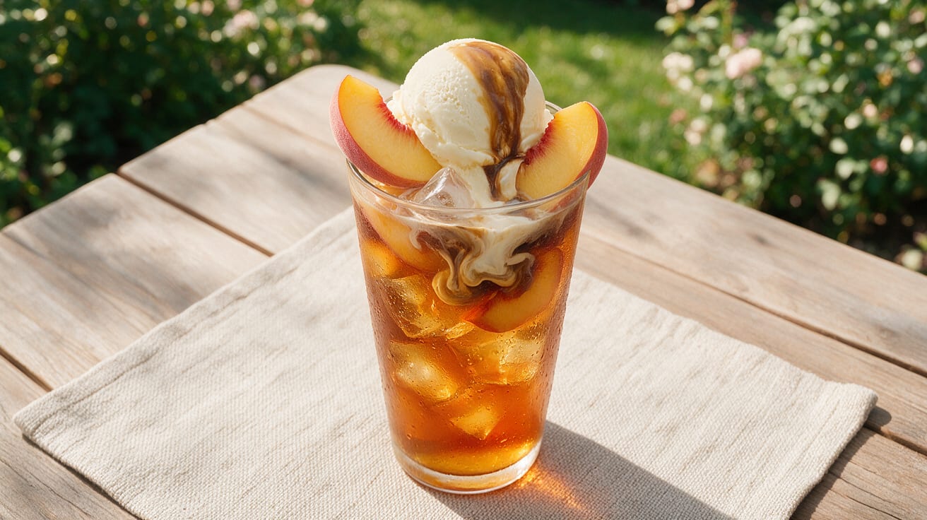 Peach Iced Tea Affogato in a tall glass with fresh peach slices and vanilla ice cream scoop