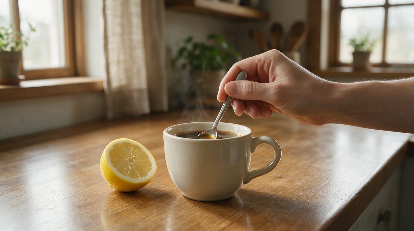 Visible forearm holds a spoon, stirring lemon juice into steaming coffee in a resting cup.
