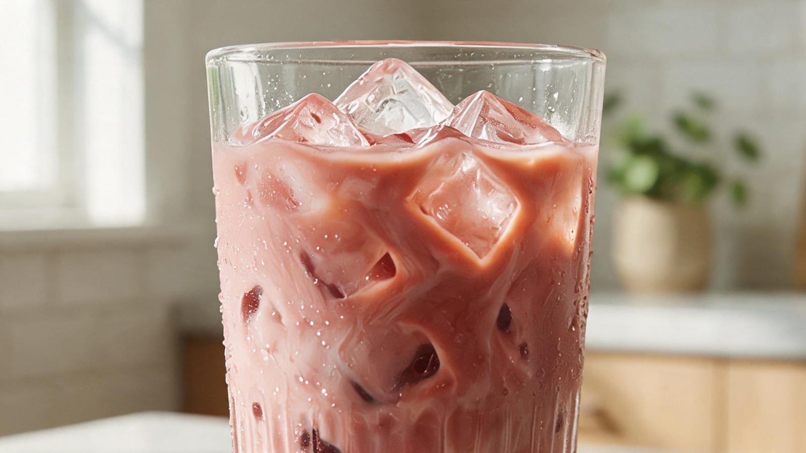 Hibiscus Iced Coffee in a clear tumbler with ice and condensation, set in a bright kitchen