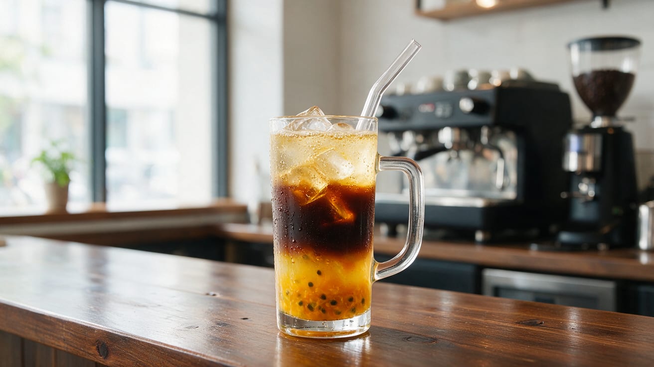 Passion Fruit Espresso Tonic Recipe in glass mug with ice and straw on café counter