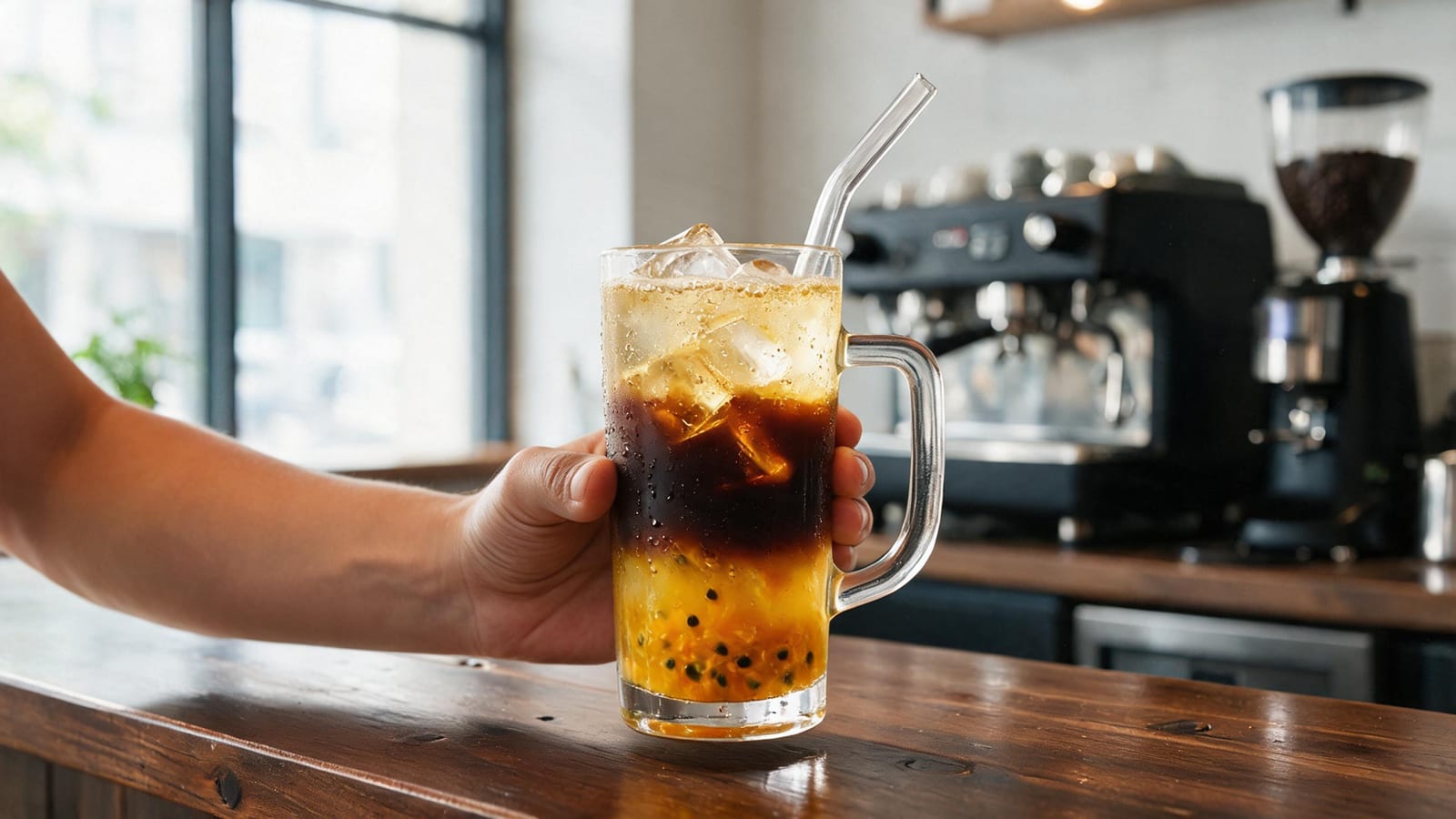 Passion Fruit Espresso Tonic Recipe in a handled glass with ice on a café counter