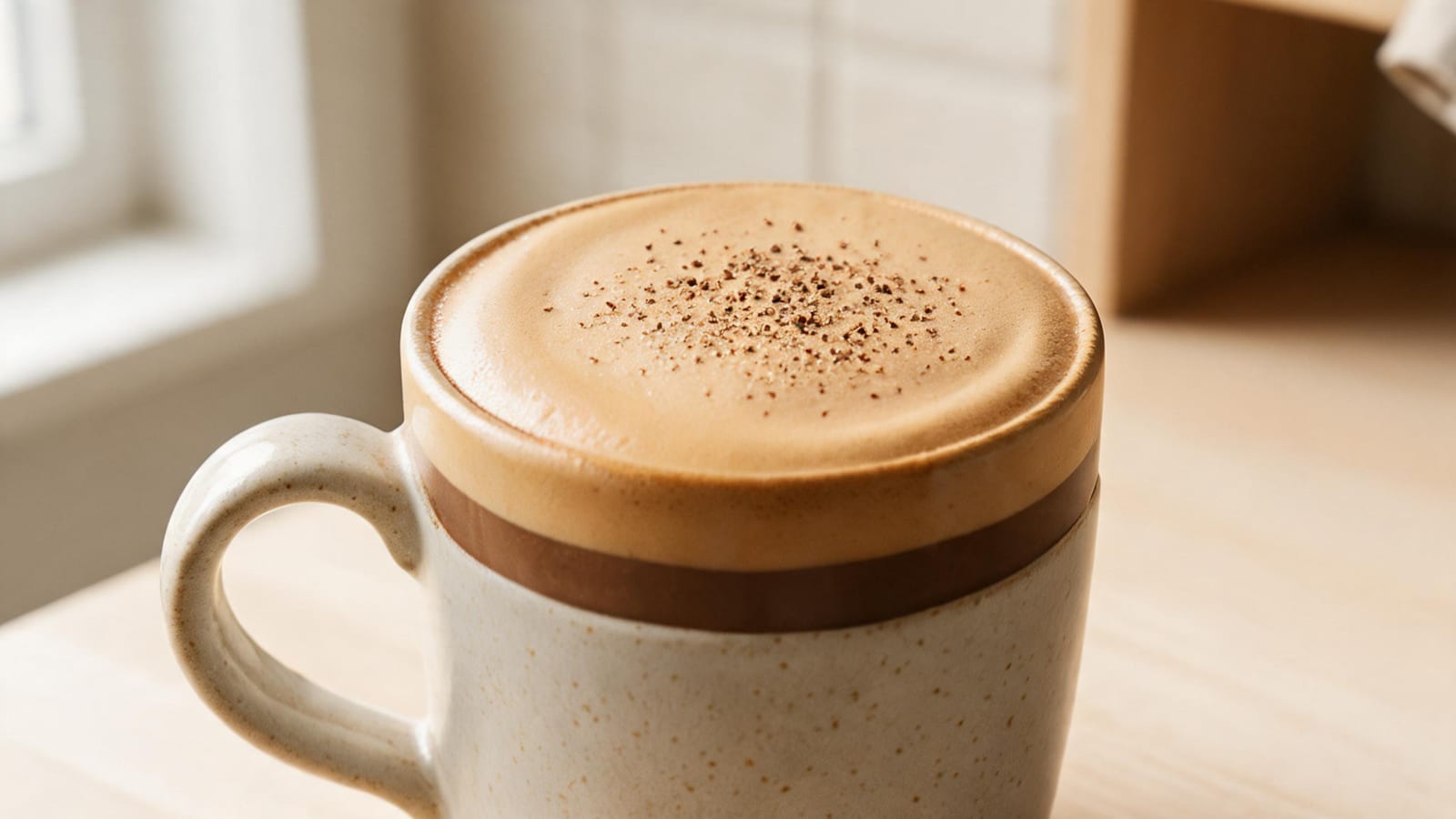 Sichuan Pepper Mocha with a Numbing Kick in a speckled ceramic mug, topped with dark specks