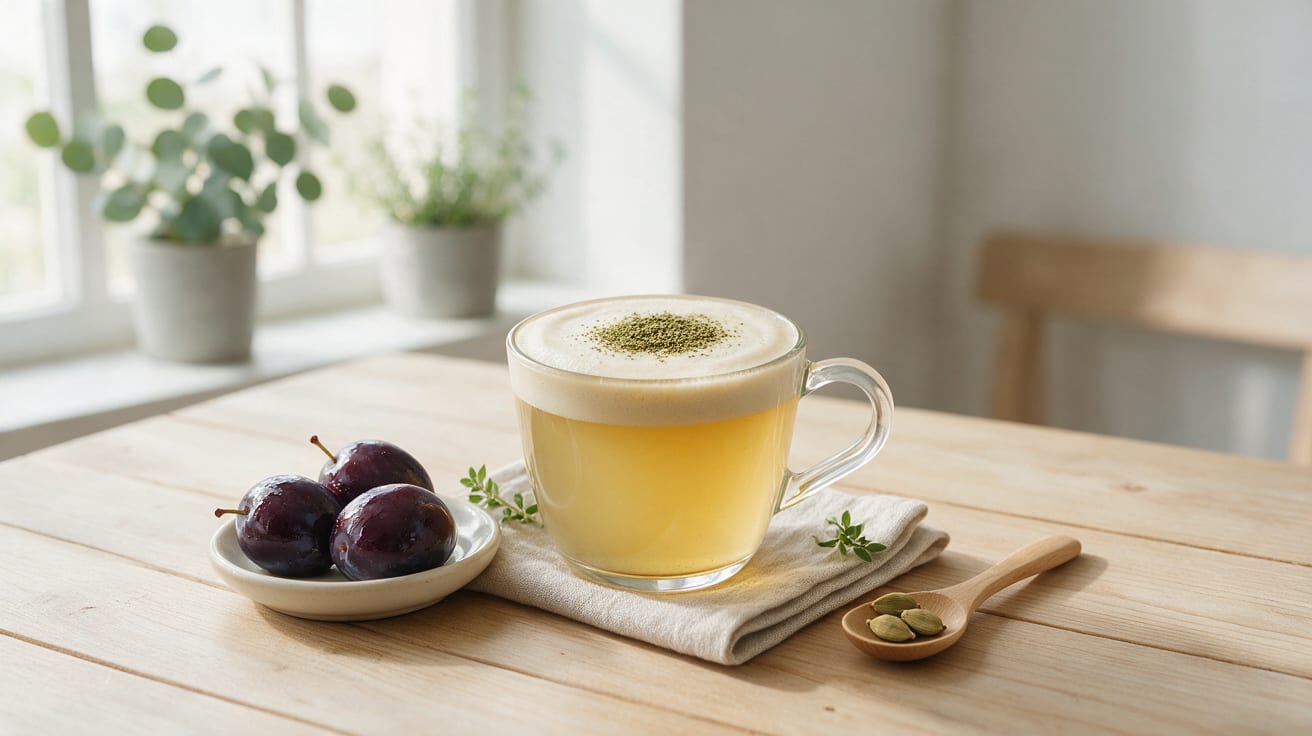 Plum Cardamom Coffee with Spiced Syrup, green-spice topped in a glass mug beside plums on wood