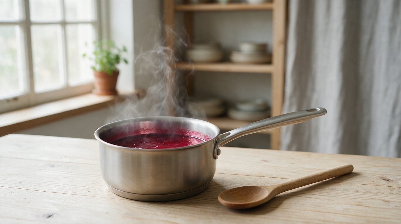 Plum Cardamom Coffee with Spiced Syrup steaming in a saucepan beside a wooden spoon