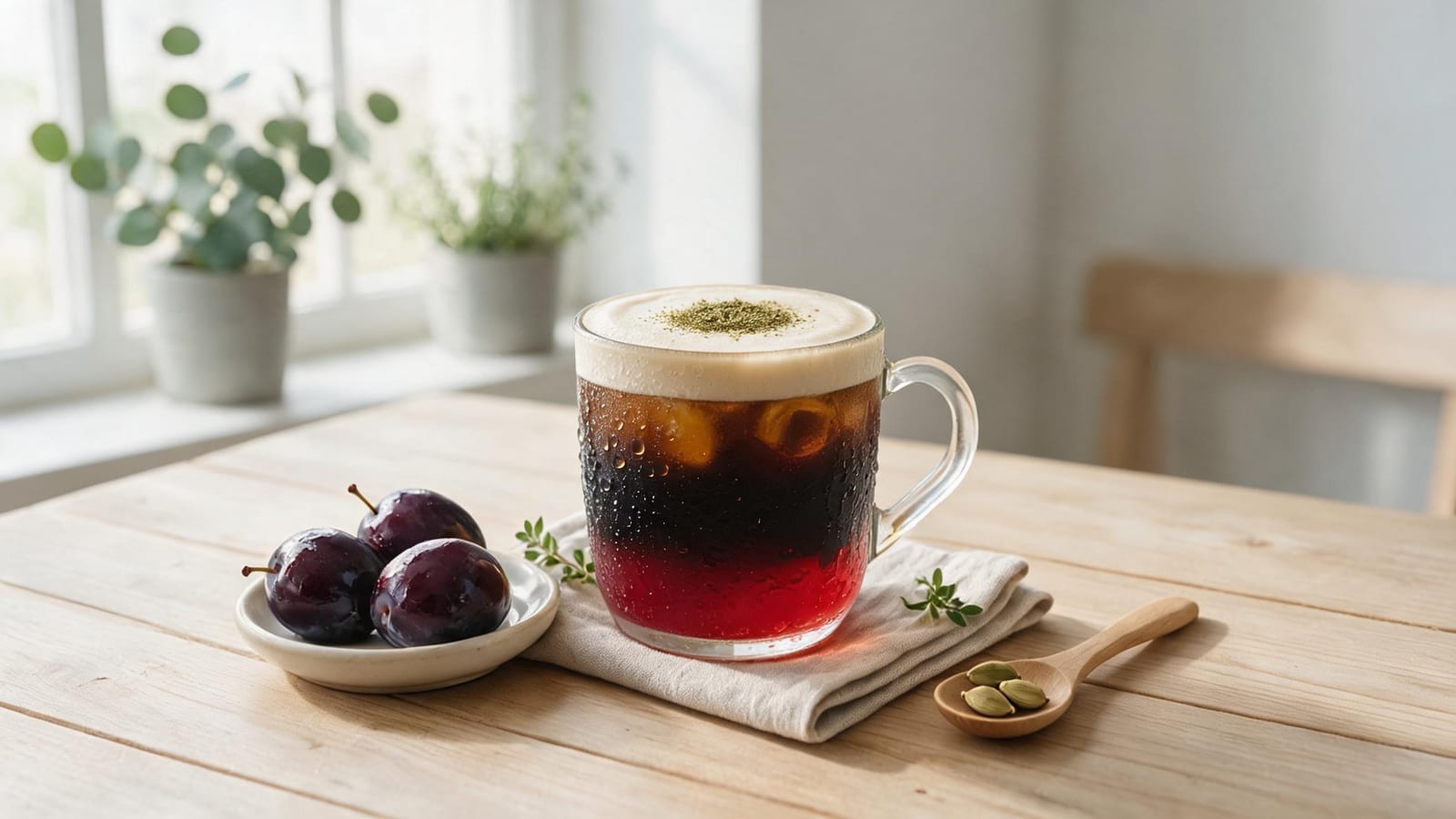 Plum Cardamom Coffee with Spiced Syrup in glass mug topped with foam on a wooden table