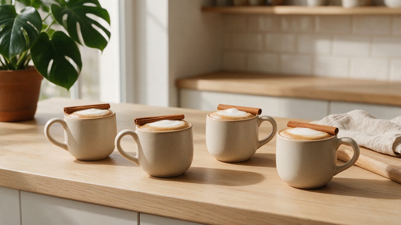 Quince and Cinnamon Coffee with Spiced Syrup in ceramic mugs, each topped with a cinnamon stick