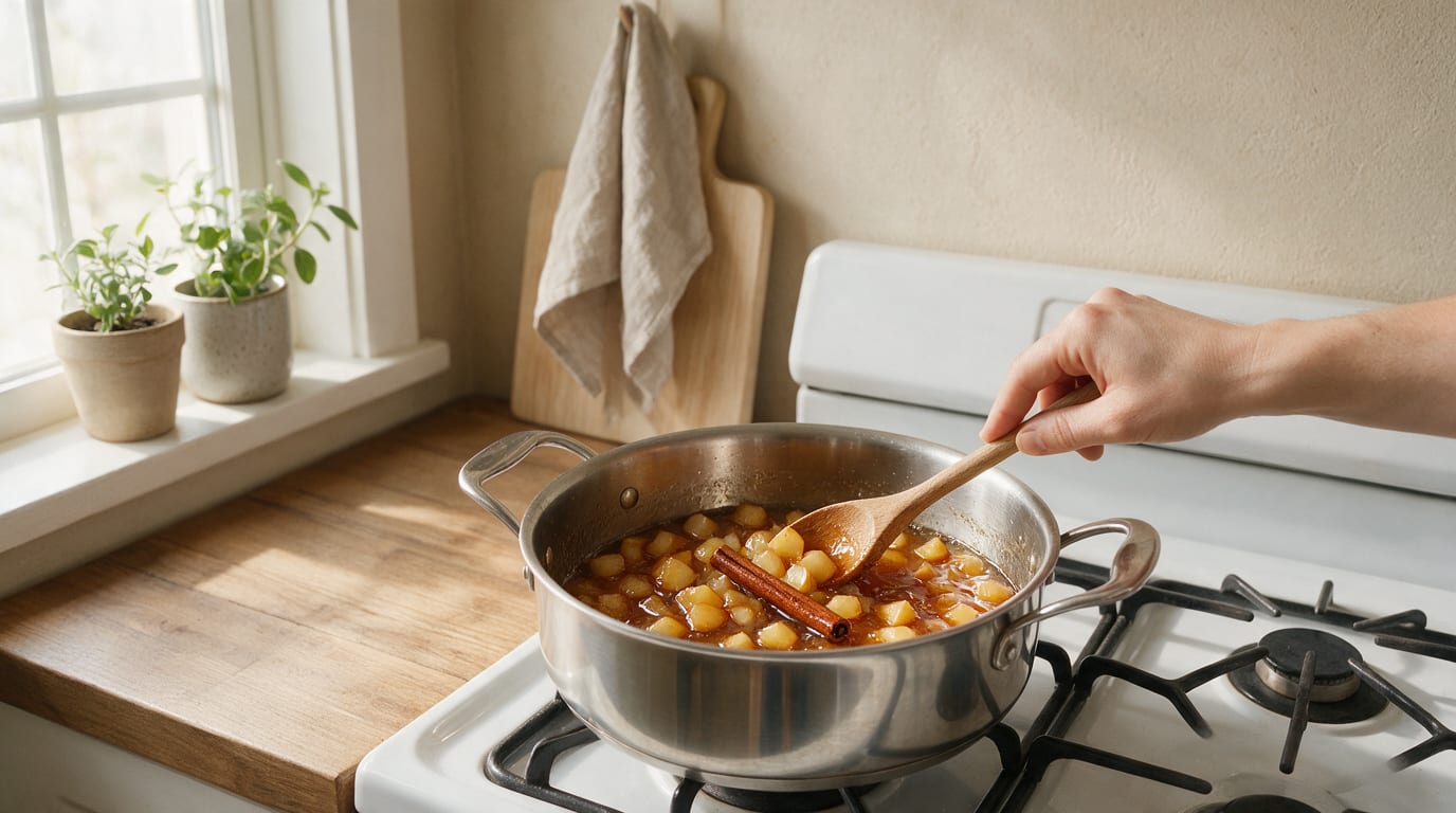 Quince and Cinnamon Coffee with Spiced Syrup in a saucepan with cinnamon stick on a stovetop