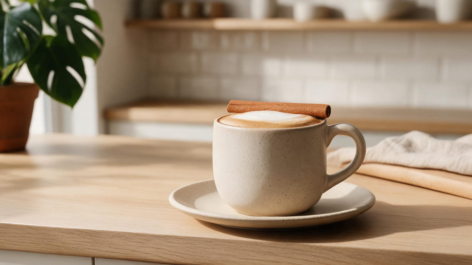 Quince and Cinnamon Coffee with Spiced Syrup in a ceramic cup, topped with a cinnamon stick