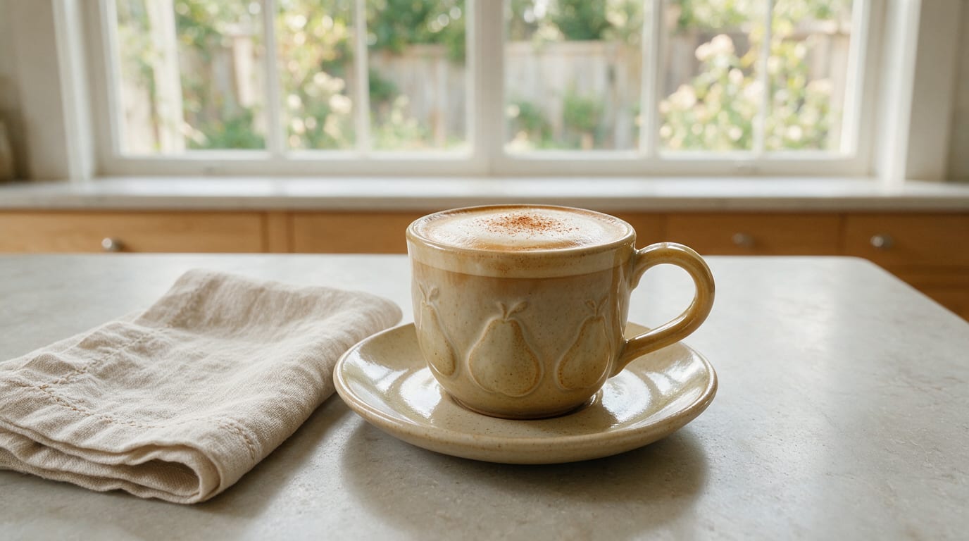 Pear and Brown Butter Latte with Spiced Syrup in cup, cinnamon-dusted, on saucer beside folded cloth