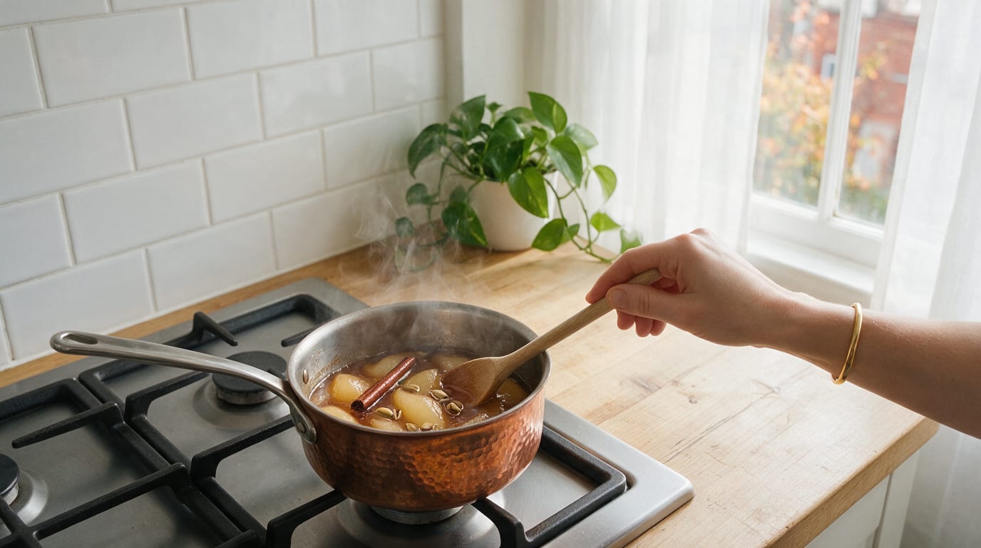 Pear and Brown Butter Latte with Spiced Syrup simmering in a copper saucepan with cinnamon sticks