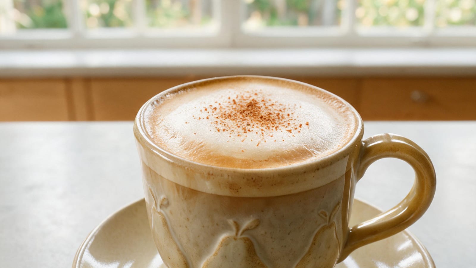 Pear and Brown Butter Latte with Spiced Syrup in decorative cup with cinnamon dust on saucer