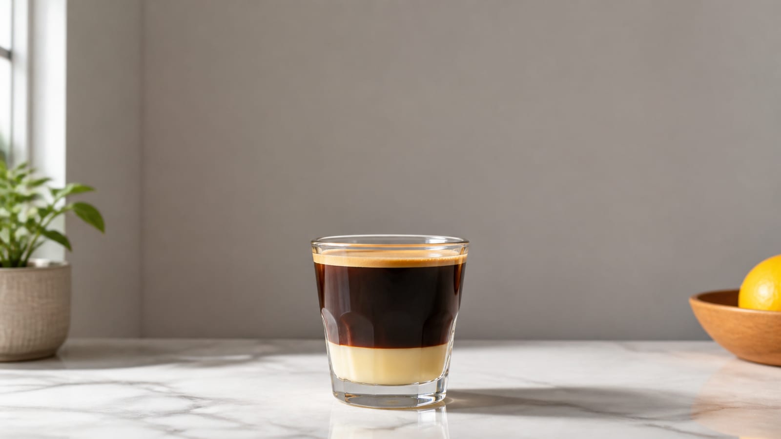 Bombon coffee in a clear glass on a marble countertop, with a plant and bowl nearby