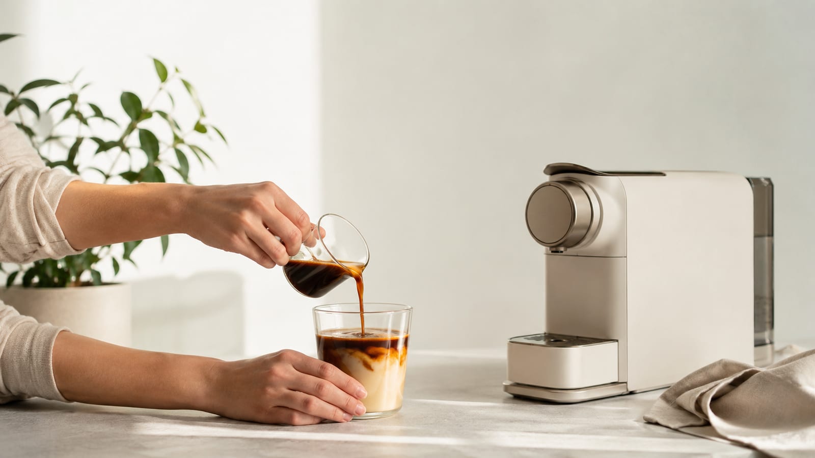 Bombon coffee in a clear glass, being poured beside a countertop coffee machine